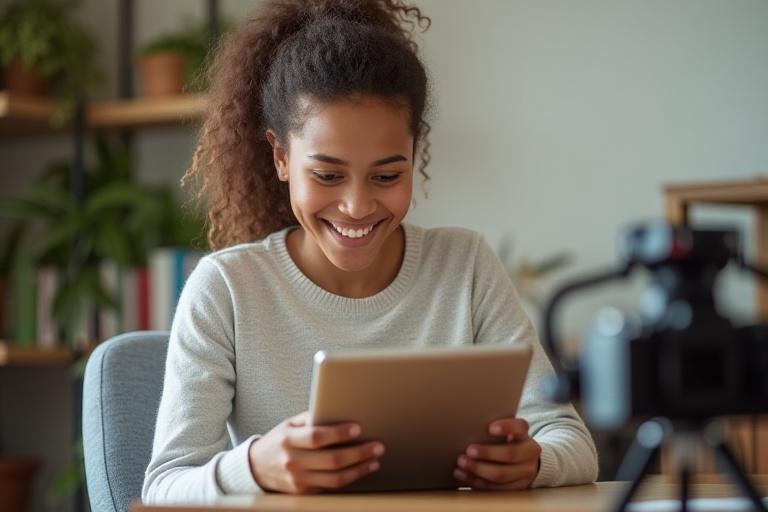 Student happily engaging with an online photography course on a tablet, showcasing interactive learning.